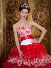 Fashion Zebra And Red Organza Layers Ruffled Skirt Winter Quinceanera Dress