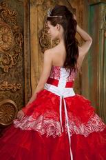 Fashion Zebra And Red Organza Layers Ruffled Skirt Winter Quinceanera Dress