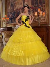 Canary Yellow Layers Designer Quinceanera Dress With Black Applique