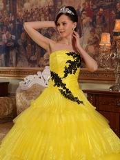 Canary Yellow Layers Designer Quinceanera Dress With Black Applique