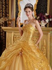 Luxurious Sweetheart Gold Sequined Corset Handmade Quinceanera Dress