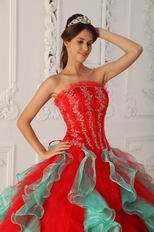 Red and Green Ruffled Skirt Appliqued Bodice Quinceanera Dress For Sale