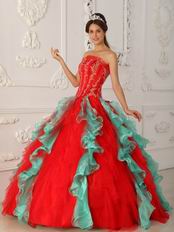 Red and Green Ruffled Skirt Appliqued Bodice Quinceanera Dress For Sale