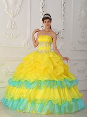 Ruched Appliqued Bodice Canary Yellow Layers Skirt With Blue Quinceanera Dress