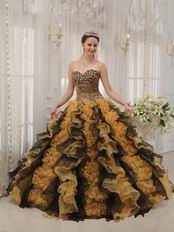 Unique Leopard Print Quinceanera Dress With Black And Yellow Ruffle Skirt