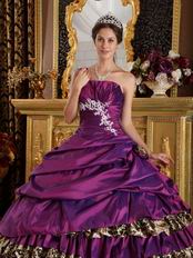 Cheap Puple Taffeta and Leopard Print Layers Skirt Quinceanera Gown