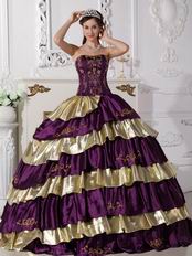 Purple and Gold Layers Embroidery Cheap Girl Quinceanera Dress