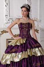 Purple and Gold Layers Embroidery Cheap Girl Quinceanera Dress