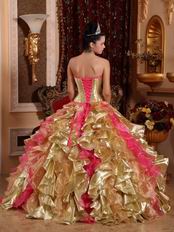 Embroidery Corset Gold Quinceanera Dress With Ruffled Back Skirt