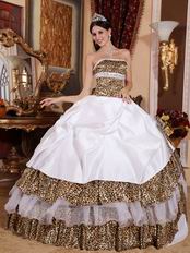 Leopard Printed Fabric Quinceanera Layers Dress With Handmade Flower