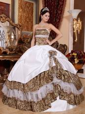 Leopard Printed Fabric Quinceanera Layers Dress With Handmade Flower