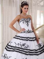 Elegant White Organza Quinceanera Party Dress With Black Embroidery