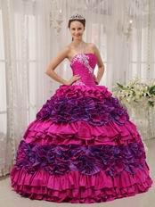 2014 Straplesas Fuchsia Quinceanera Dress With Rolling Flowers Decorate