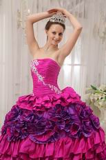 2014 Straplesas Fuchsia Quinceanera Dress With Rolling Flowers Decorate