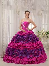 2014 Straplesas Fuchsia Quinceanera Dress With Rolling Flowers Decorate