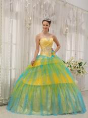 Colorful Yellow And Aqua Sequined Princess Quinceanera Gown For Girl