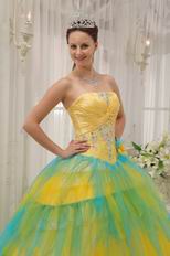 Colorful Yellow And Aqua Sequined Princess Quinceanera Gown For Girl