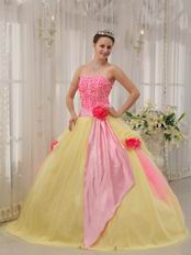 Strapless Appliqued Daffodil Skirt Quinceanera Dress With Pink Flowers