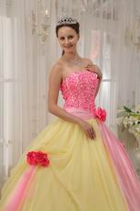 Strapless Appliqued Daffodil Skirt Quinceanera Dress With Pink Flowers