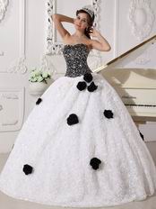 Black Sequin Bodice Rolled Fabric Flowers Quincenera Party Dress Girl