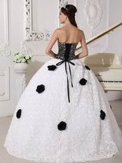 Black Sequin Bodice Rolled Fabric Flowers Quincenera Party Dress Girl