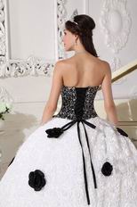 Black Sequin Bodice Rolled Fabric Flowers Quincenera Party Dress Girl