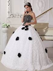 Black Sequin Bodice Rolled Fabric Flowers Quincenera Party Dress Girl