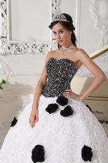 Black Sequin Bodice Rolled Fabric Flowers Quincenera Party Dress Girl