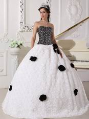 Black Sequin Bodice Rolled Fabric Flowers Quincenera Party Dress Girl