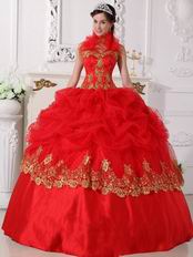 Feather Decorate Halter Dot Tulle Gold Appliques Red Quinceanera Dress