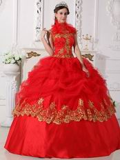 Feather Decorate Halter Dot Tulle Gold Appliques Red Quinceanera Dress