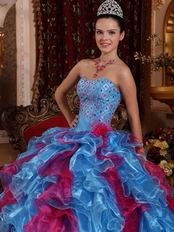 Exclusive Carmine And Cornflower Blue Ruffle Skirt Quinceanera Gown
