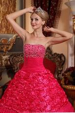 Trimed Rolled Fabric Flowers Rose Pink Lace Quinceanera Dress