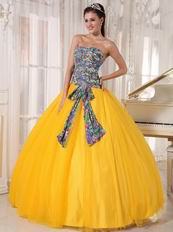 2014 Dark Yellow Quinceanera Dress With Printed Fabric Bodice Design
