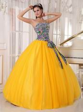 2014 Dark Yellow Quinceanera Dress With Printed Fabric Bodice Design