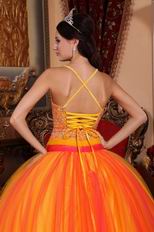 Orange Red Spaghetti Straps Beaded Bodice Quinceanera Party Wear