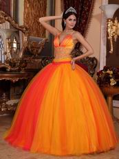 Orange Red Spaghetti Straps Beaded Bodice Quinceanera Party Wear