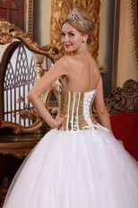 Cheap White Tulle Skirt Quinceanera Dress With Gold Sequin Bodice