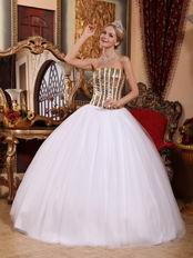 Cheap White Tulle Skirt Quinceanera Dress With Gold Sequin Bodice