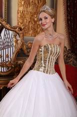 Cheap White Tulle Skirt Quinceanera Dress With Gold Sequin Bodice