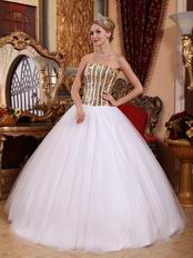 Cheap White Tulle Skirt Quinceanera Dress With Gold Sequin Bodice