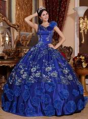 Royal Blue Sequined Flower Quinceanera Gown With Lotus Leaf Design