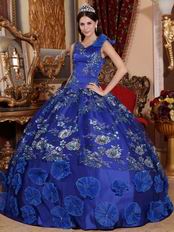 Royal Blue Sequined Flower Quinceanera Gown With Lotus Leaf Design