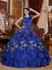 Royal Blue Sequined Flower Quinceanera Gown With Lotus Leaf Design