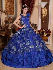 Royal Blue Sequined Flower Quinceanera Gown With Lotus Leaf Design