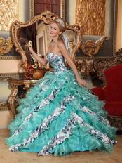 Turquoise And Porcelain Printed Design Quinceanera Dress For Girl