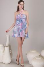 Colorful Printed Chiffon Short Prom Dress With Halter Skirt