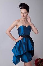 Affordable Peacock Blue Knee Length Short Prom Dress With Black Sash