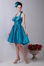 Halter A-line Knee Length Teal Blue Taffeta Short Prom Dress Cheap