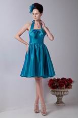 Halter A-line Knee Length Teal Blue Taffeta Short Prom Dress Cheap